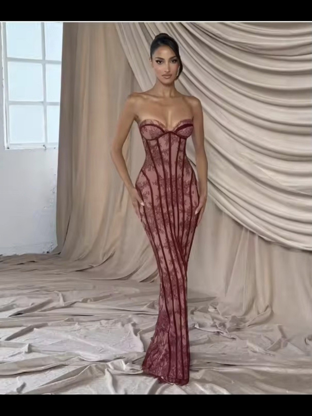 Elegant Burgundy Lace Strapless Evening Gown Bridesmaid Prom Mermaid Wedding